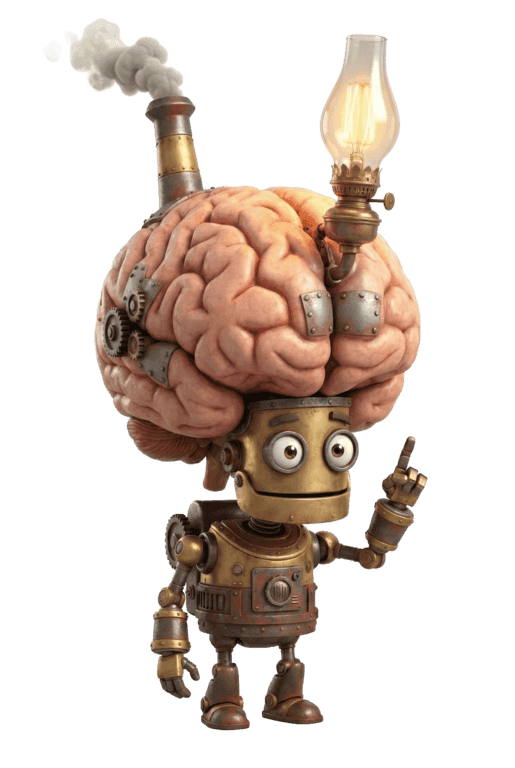 A steampunk-style robot with a large human brain on its head, featuring gears and metal plates, a smoking chimney, and a lit vintage light bulb, raising one finger as if having an idea.