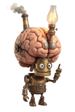 A steampunk-style robot with a large human brain on its head, featuring gears and metal plates, a smoking chimney, and a lit vintage light bulb, raising one finger as if having an idea.